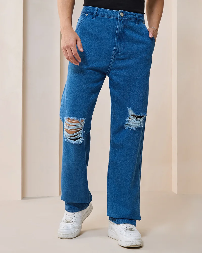 بيواكوف Men's Blue Washed Straight Fit Distressed Mid-Rise Jeans